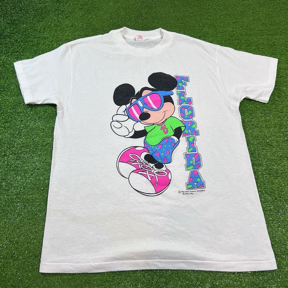 Vintage Disney Mickey Mouse single‎ stitch shirt LG 80s Neon Mickey University